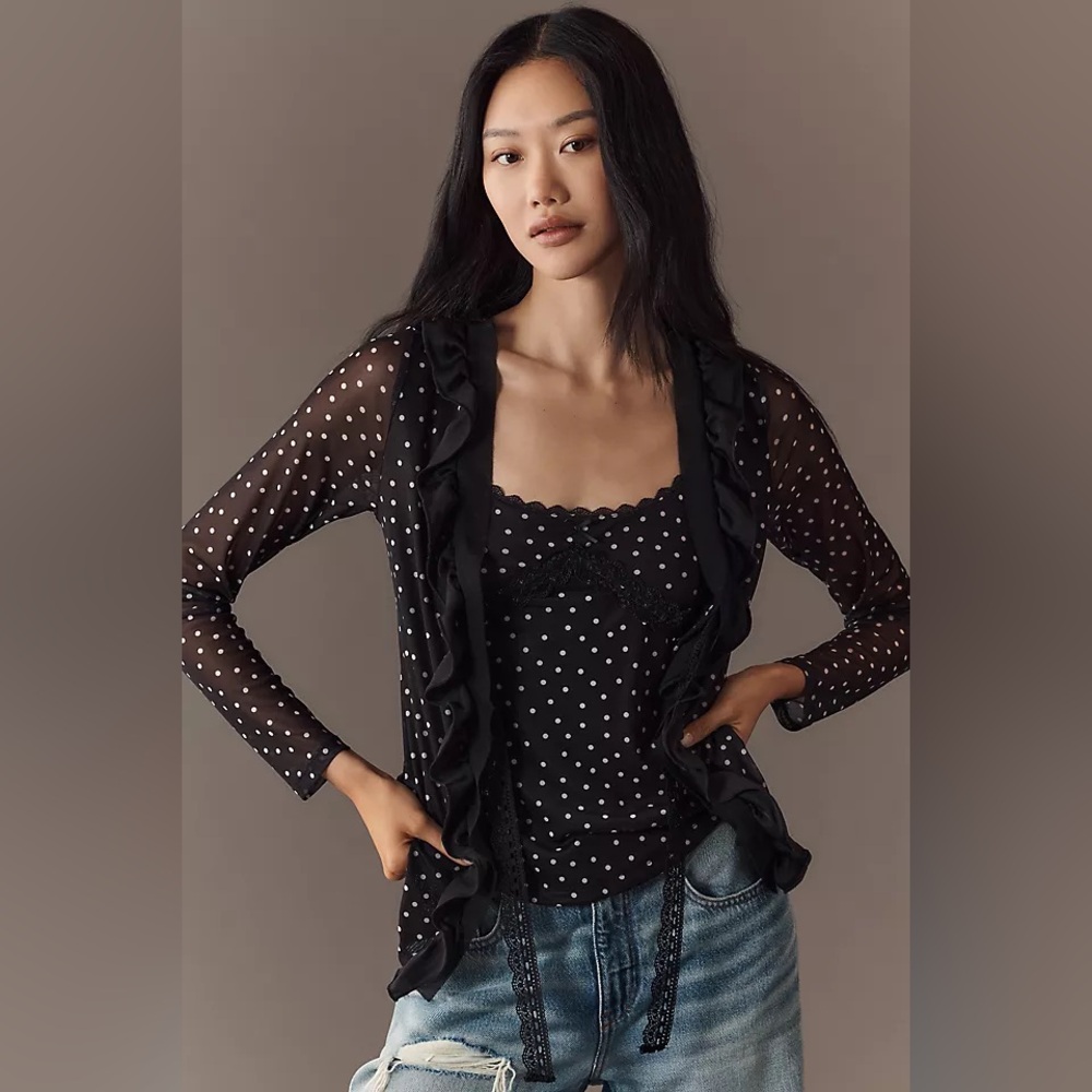 Anthropologie Maeve Lace-Trim Sheer Cardigan Top Polka Dot Black White Medium - Picture 3 of 5